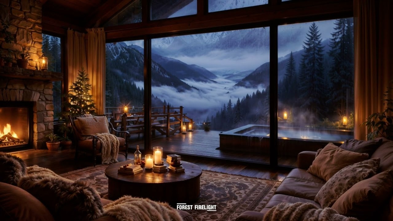 Luxury Mountain Cabin in the Rain 🌧 | Cozy Fireplace Night for Deep Sleep (4K)
