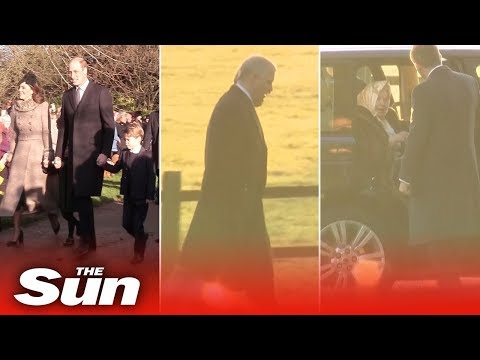 Queen and Royal Family including Prince Andrew and Prince George at Sandringham church service