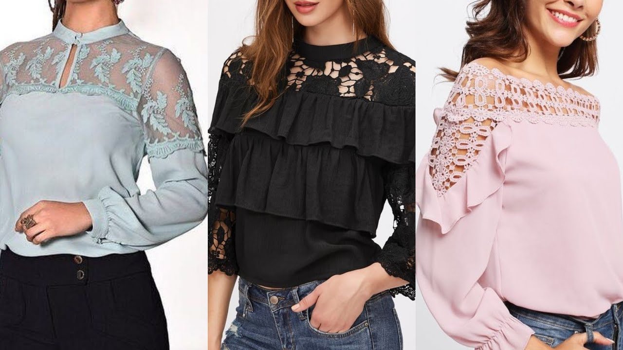 super stylish fashion women chiffon blouse with lace patchwork neck ...