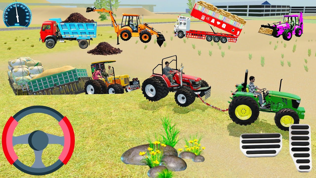 Wheat Trolley 🌾 stuck in hole two tractors rescue the wheat trolley from the hole 