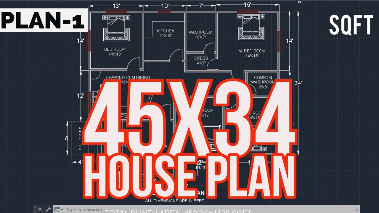 PLAN - 1 || 1500 Sqft Residential Building Plan || 45x34 House Plan ...