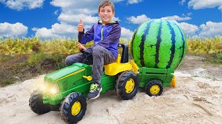 Kid Ride on Power Wheel Tractor and find giant Watermelon