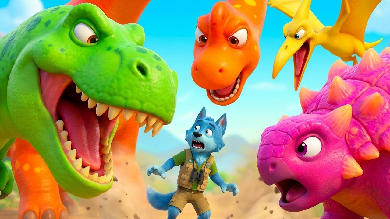 🔴 6 BIG Dinosaurs Adventure! 🦖 Neon T-Rex Chase & Animal Songs | 3D Kids Cartoons