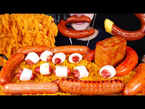 ASMR KIELBASA SAUSAGE SPAM SPICY CHEESY CARBO FIRE NOODLES COOKING MUKBANG 먹방ソーセージ 咀嚼音 EATING SOUNDS