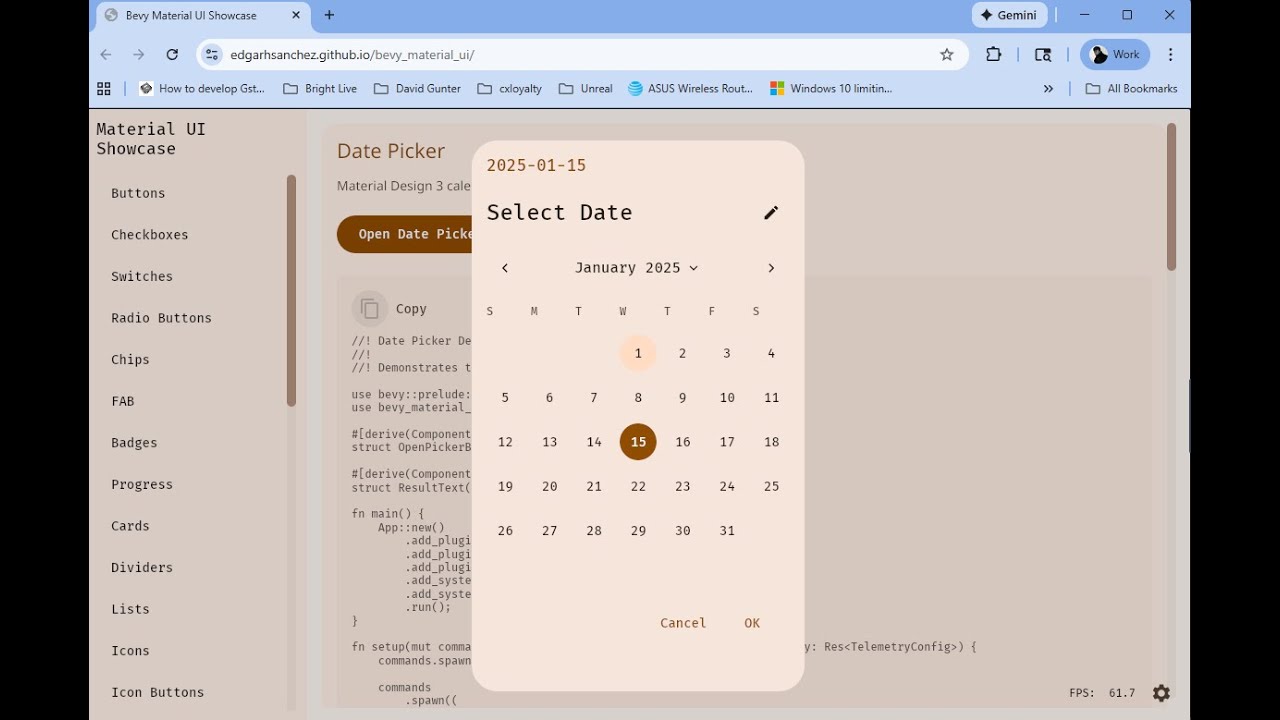 Bevy (Rust) 0.17 bevy_material_ui 0.2.6 WASM Showcase