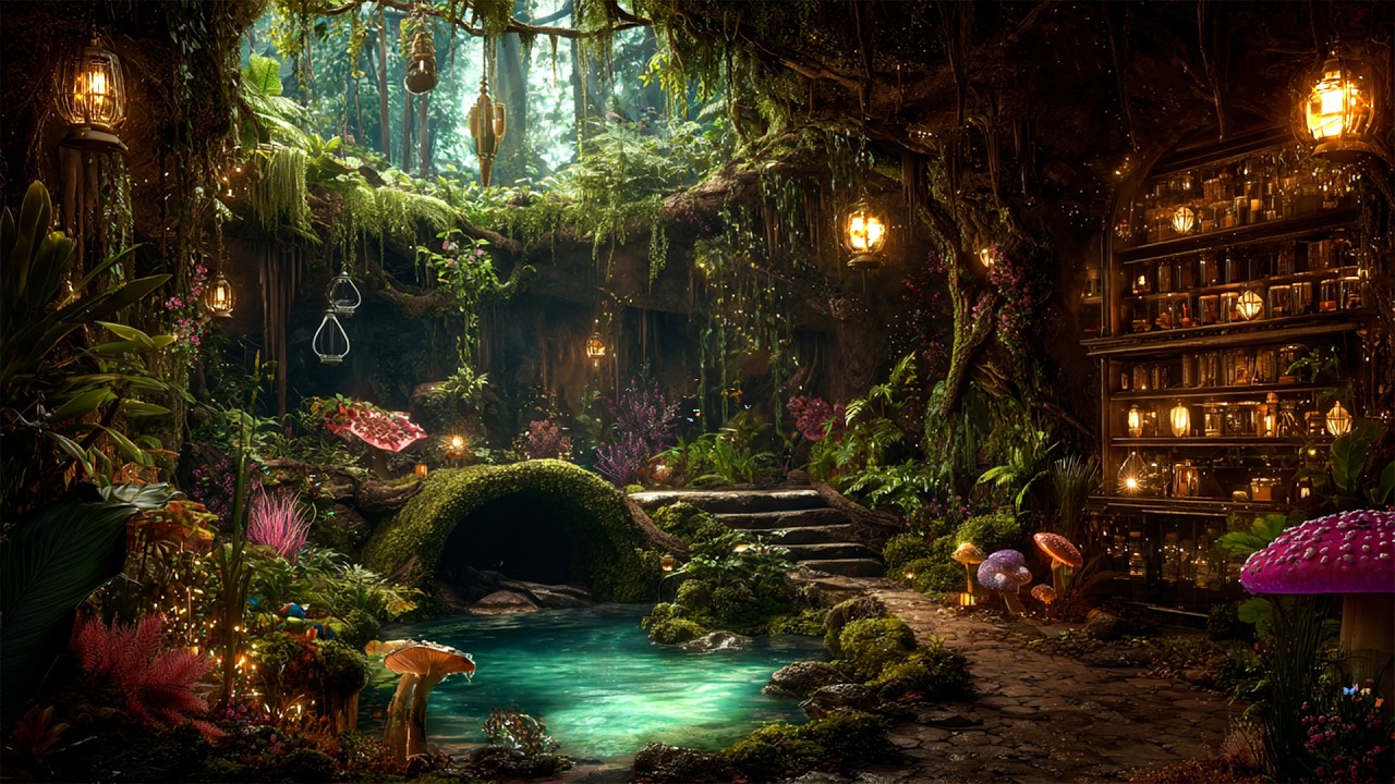 Exotic Plants Whimsical Library 📚 Echoes Magical Flute Music