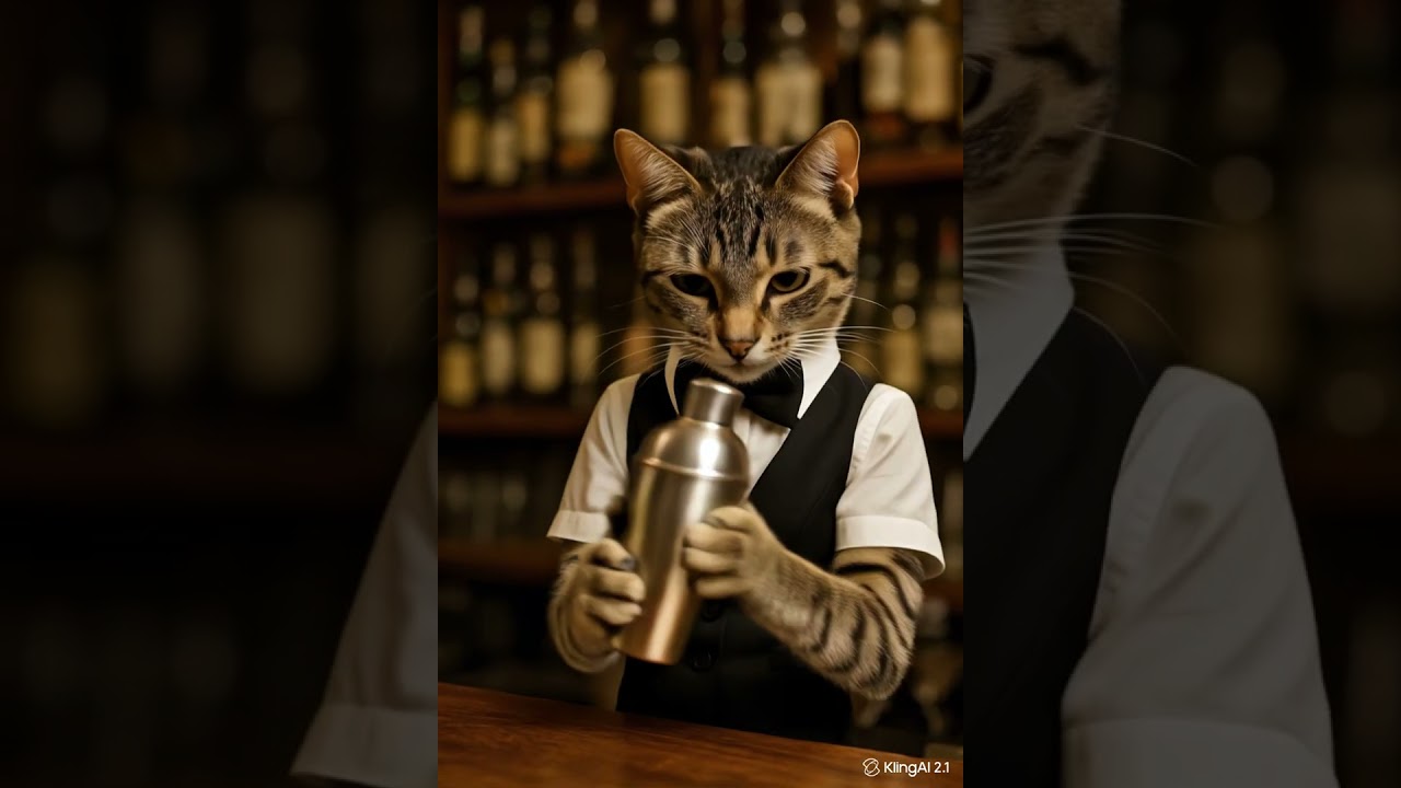 The cat is preparing a drink behind the bar, shaking the cocktail shaker like a pro