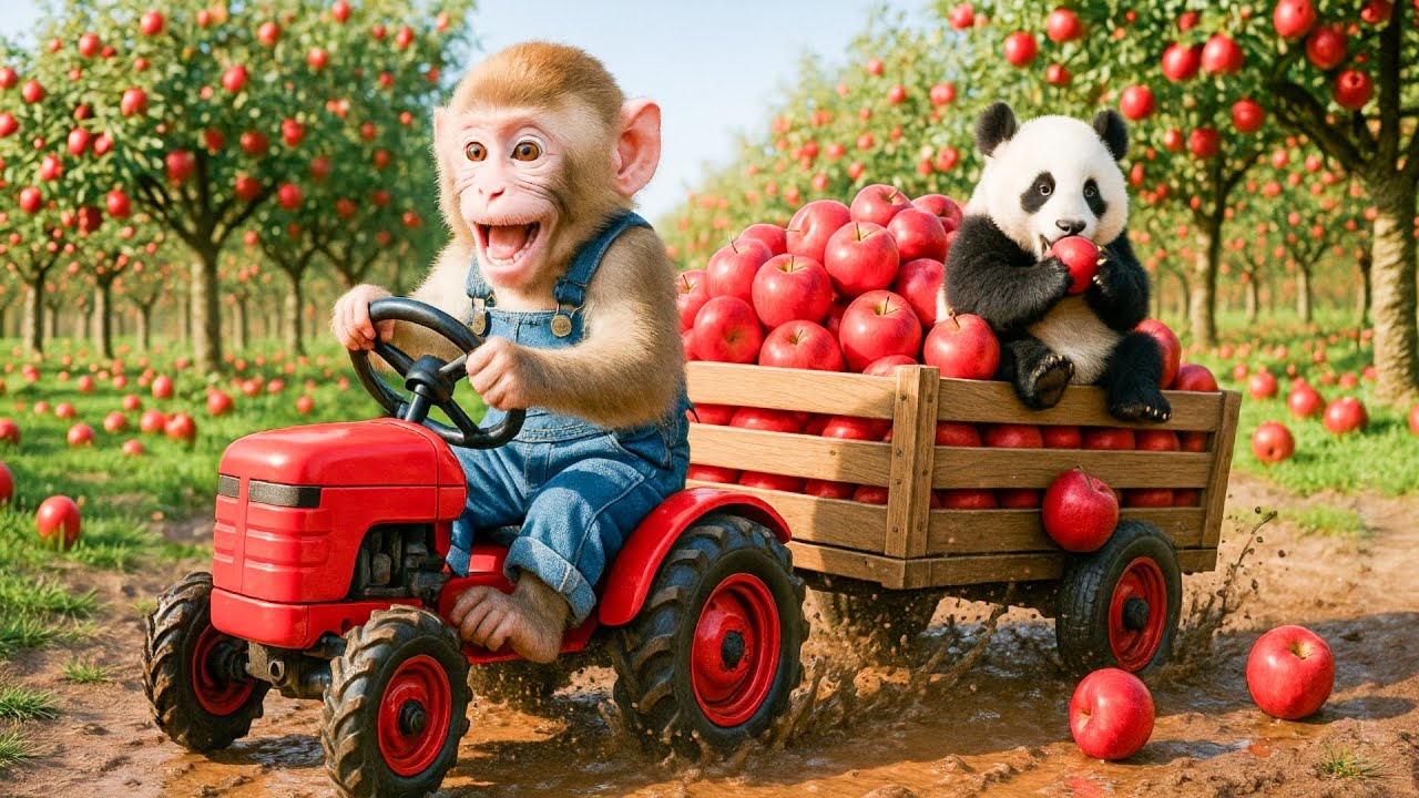 Baby Monkey Rescues a Hurt Panda While Harvesting Apples! - Monkey Farm Work | CiCi Monkey Farm