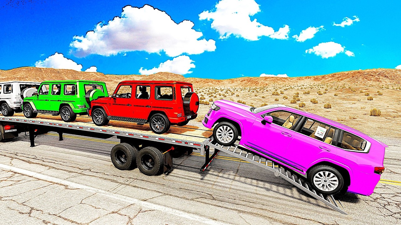 Four Trucks Transporting cars with Flatbed Trailers | Cars vs Speedbump vs Train vs Pothole 