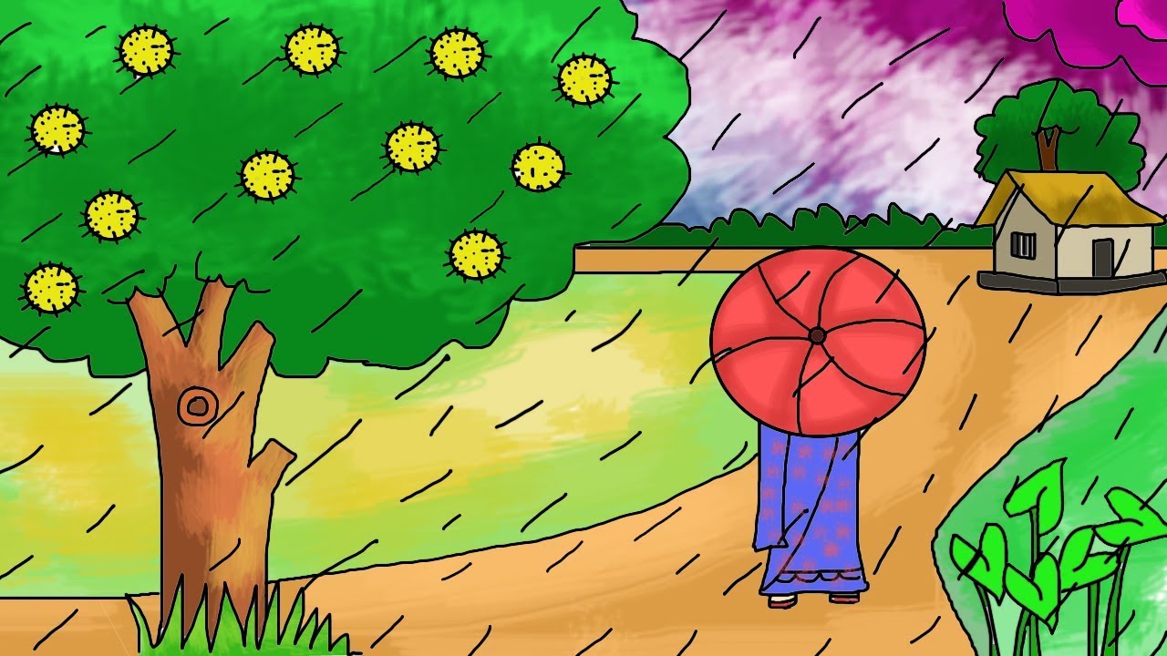 How to draw a scenery of rainy season |Rainy season drawing by Indrajit