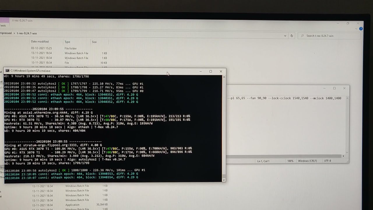Dual mining on two 3070ti using T-rex miner