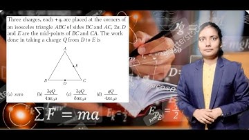 Three charges, each + q, are placed at the corners of an isosceles triangle ABC
