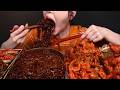 ASMR MUKBANG Black Bean Noodles, Spicy Shrimp, Kimchi & Spicy Fried Chicken