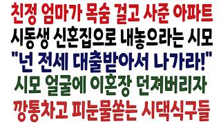 친정 엄마가 목숨 걸고 사준 아파트 시동생 신혼집으로 내놓으라는 시모 '넌 전세 대출받아서 나가라!' 시모 얼굴에 이혼장 던져버리자 깡통차고 피눈물 쏟는 시댁식구들