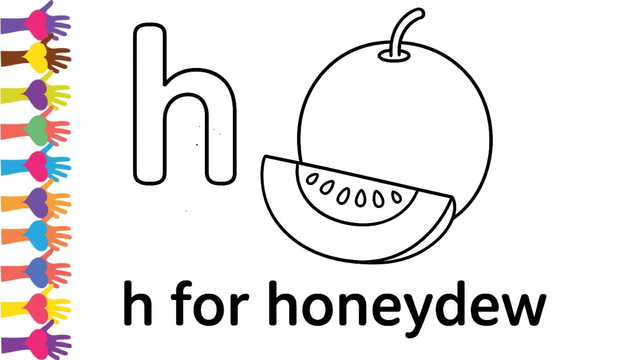 h for honeydew | lowercase alphabet tracing and fruit coloring page for kids