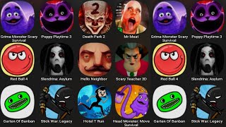 Grimace Monster Scary Survival, Poppy Playtime 3, Death Park 2, Mr Meat, Red Ball 4,Slendrina Asylum