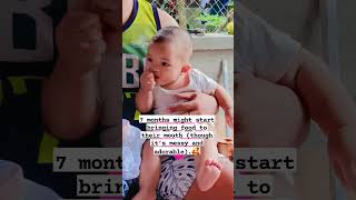 Baby Girl At 7 Months, Started To Bring Food To Their Mouth, Yes Its Messy But Still Adorable