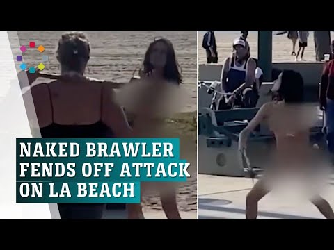 Naked brawler fends off spiked club attack on LA beach