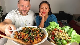 MUKBANG THAI FOOD BASIL CHICKEN(PAD KRA PAO)/PAPAYA SALAD(CUCUMBERS)SHOUT OUT & BIRTHDAYS
