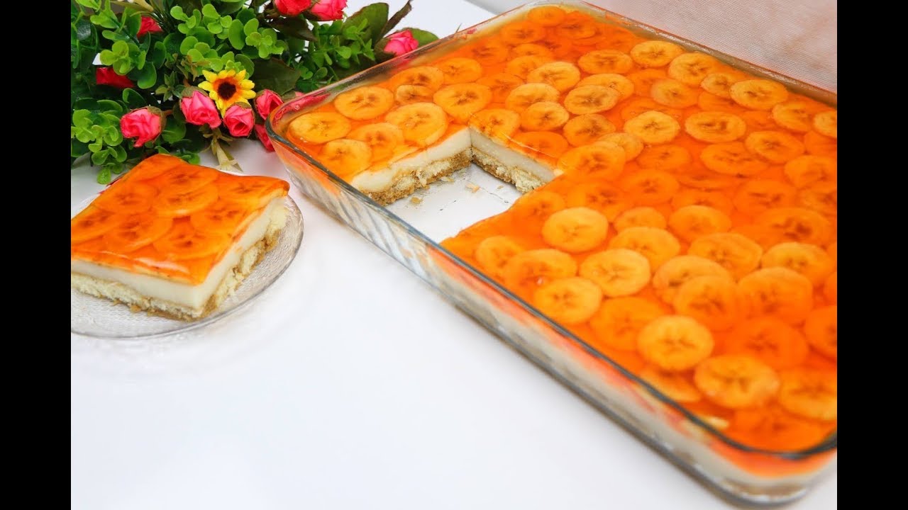 كيكة باردة في 10 دقائق بدون بيض وبدون كريمة سهلة وقمة في الروعة بمكونات بسيطة تحلية بموز وجيلي