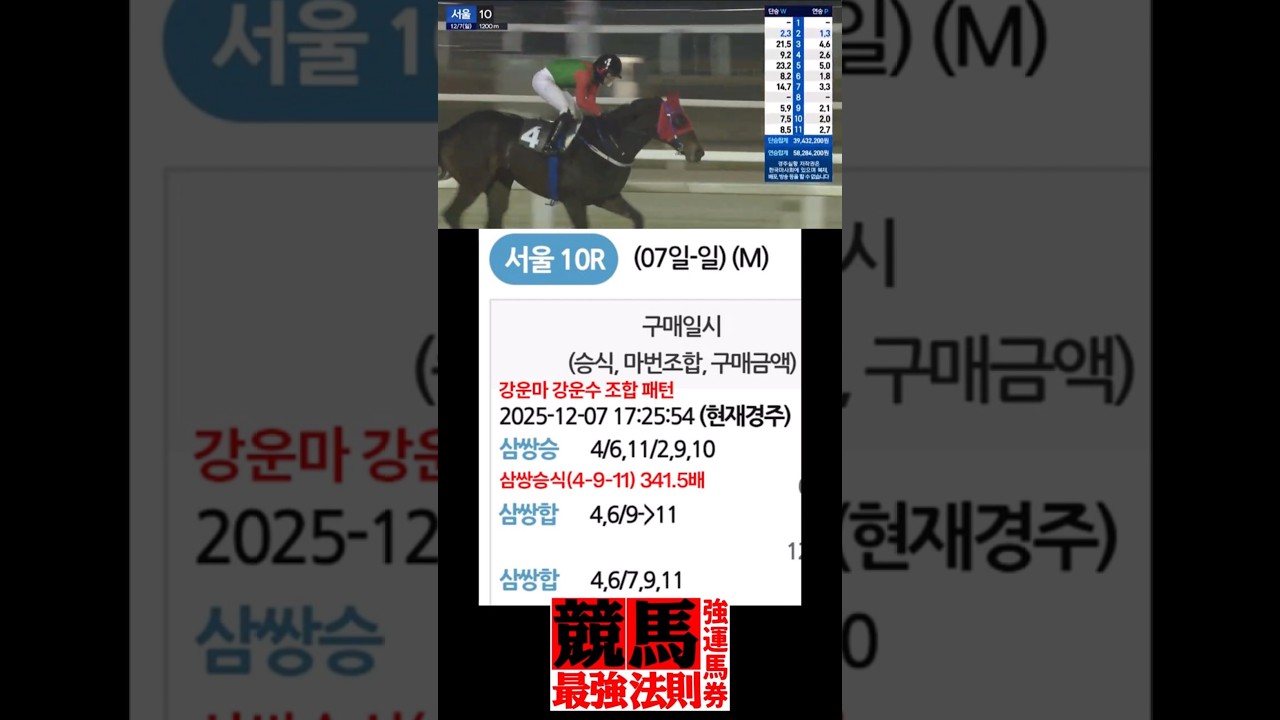 12/7 서울 일요경마 김주리 마사회 아나운서 인사! 경마결과 삼쌍승식 연속 적중 패턴 분석! 경마의신 강운마권