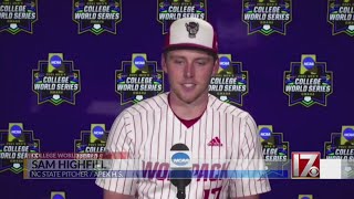 NC State pitcher Highfill and coach Avent speak after College World Series win over Vandy