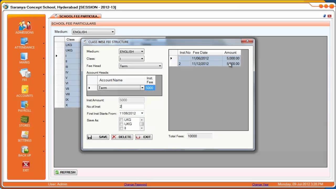 Configure Class wise head wise fee structure
