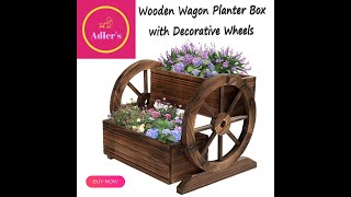 Wooden Wagon Planter Box Decorative Garden Planter with Wheels for Indoor and Outdoor Use