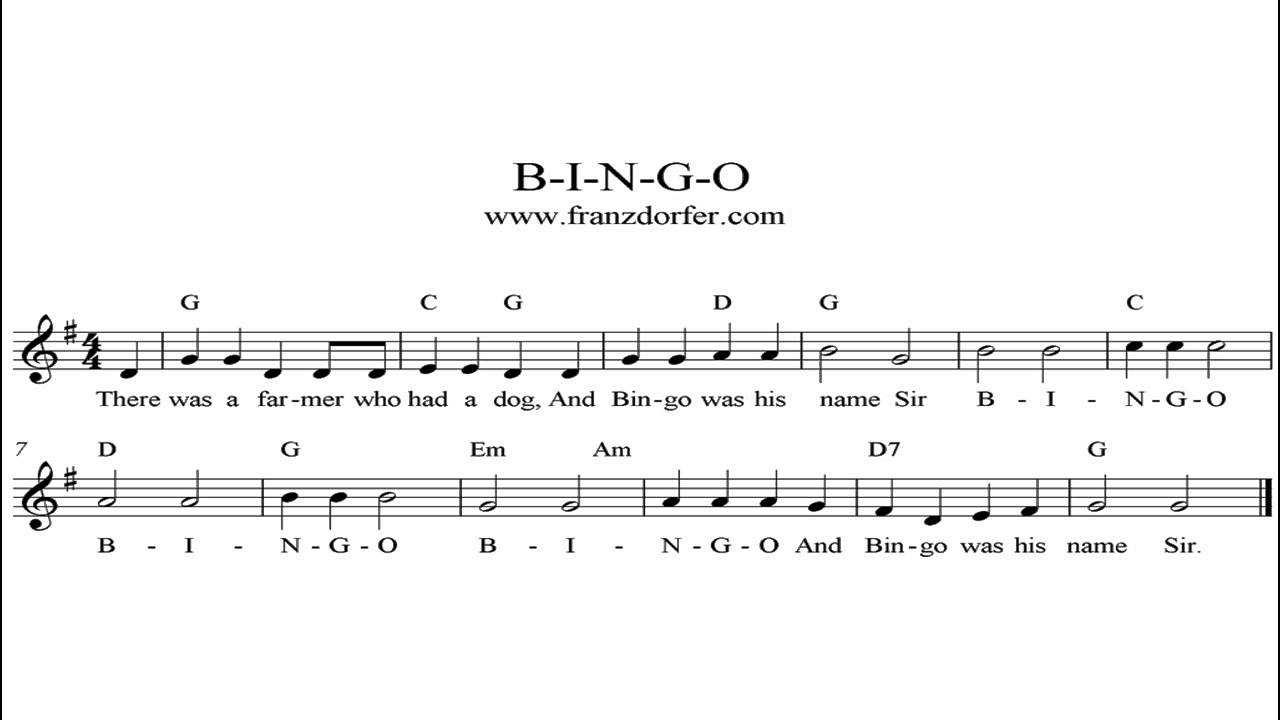 Английские песни биты. Ноты Бинго. Песенка Бинго Ноты. Bingo песня Ноты. Ноты для фортепиано Бинго на русском.