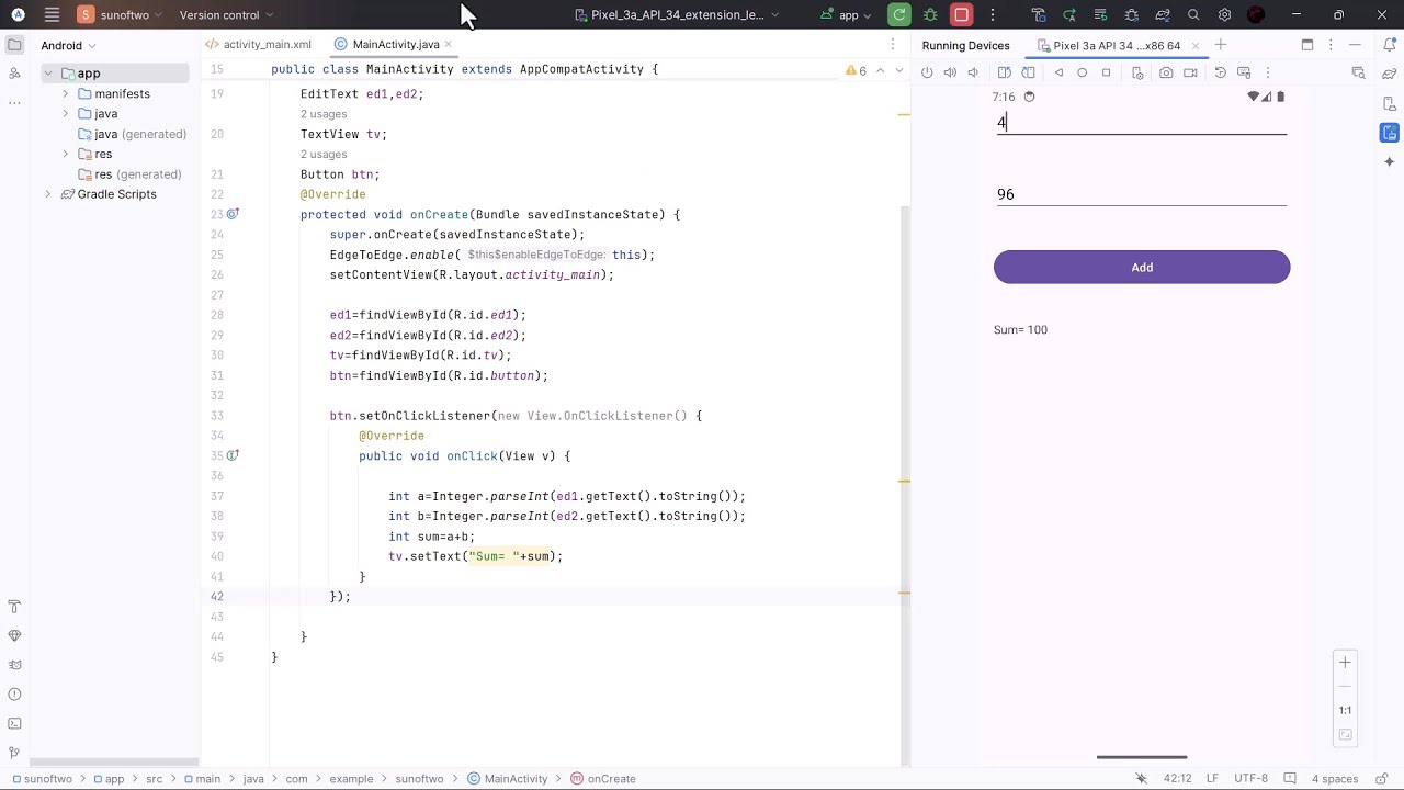 Creating simple android app to add 2 Numbers (Java ) - YouTube
