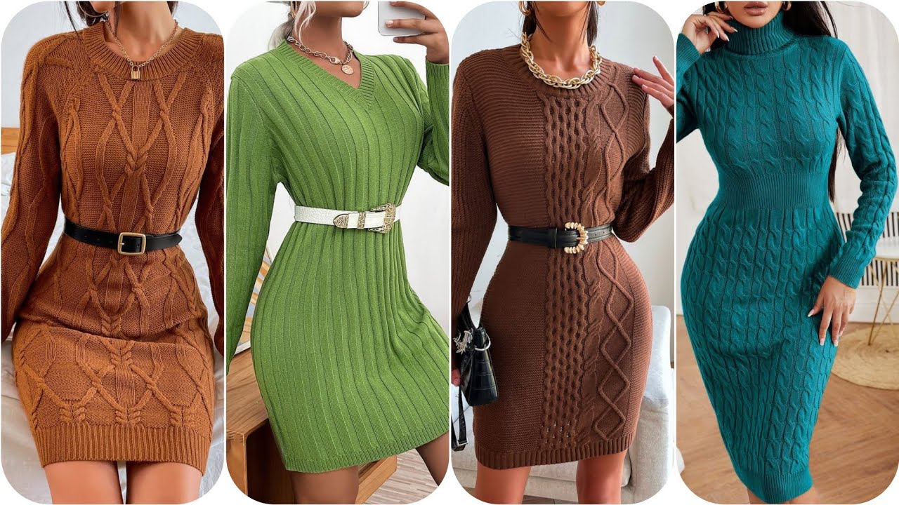 Women's Winter Casual Long Sleeve Solid Color Bodycon Warm Crewneck Knitted Sweater Dress