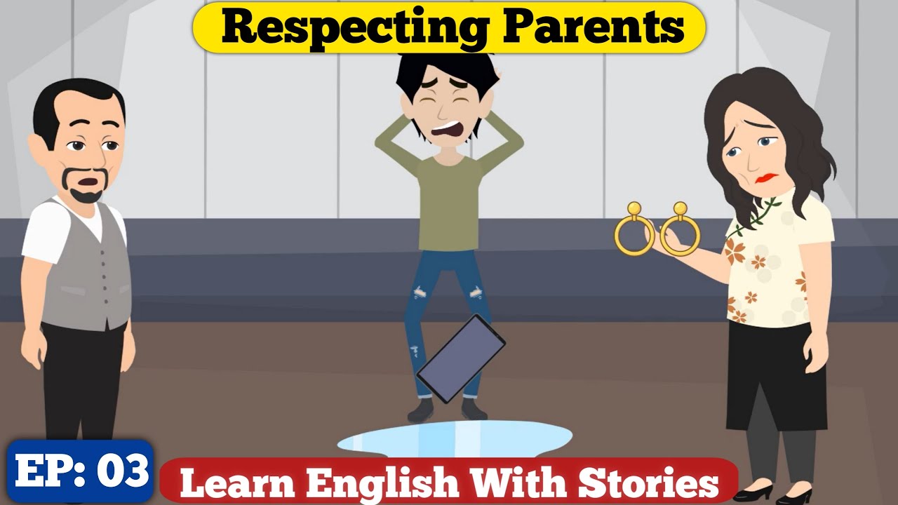 A screenshot from an animated story about respecting parents