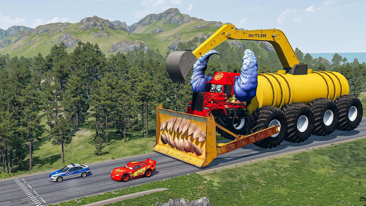 Giant EXCAVATOR TRAIN Mack Truck Eater VS Cars Lightning McQueen & Police Car - Beamng.Drive