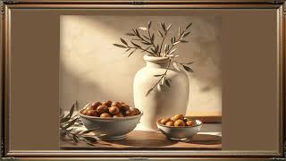 Gold Frame Still Life, Olives. Vintage TV Art For Your Screen. Still Life Painting.