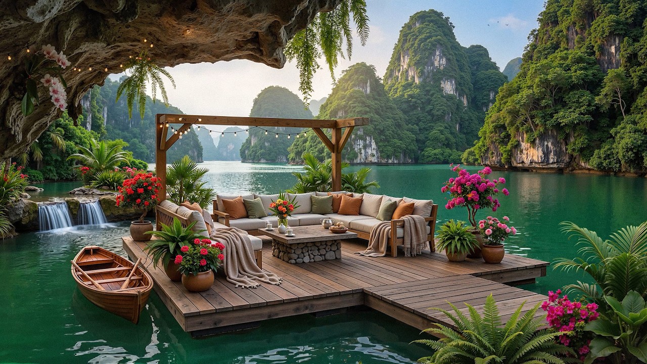 Спокойная джазовая мелодия у озера | Нежный джаз в кафе на берегу скалы под звуки природы