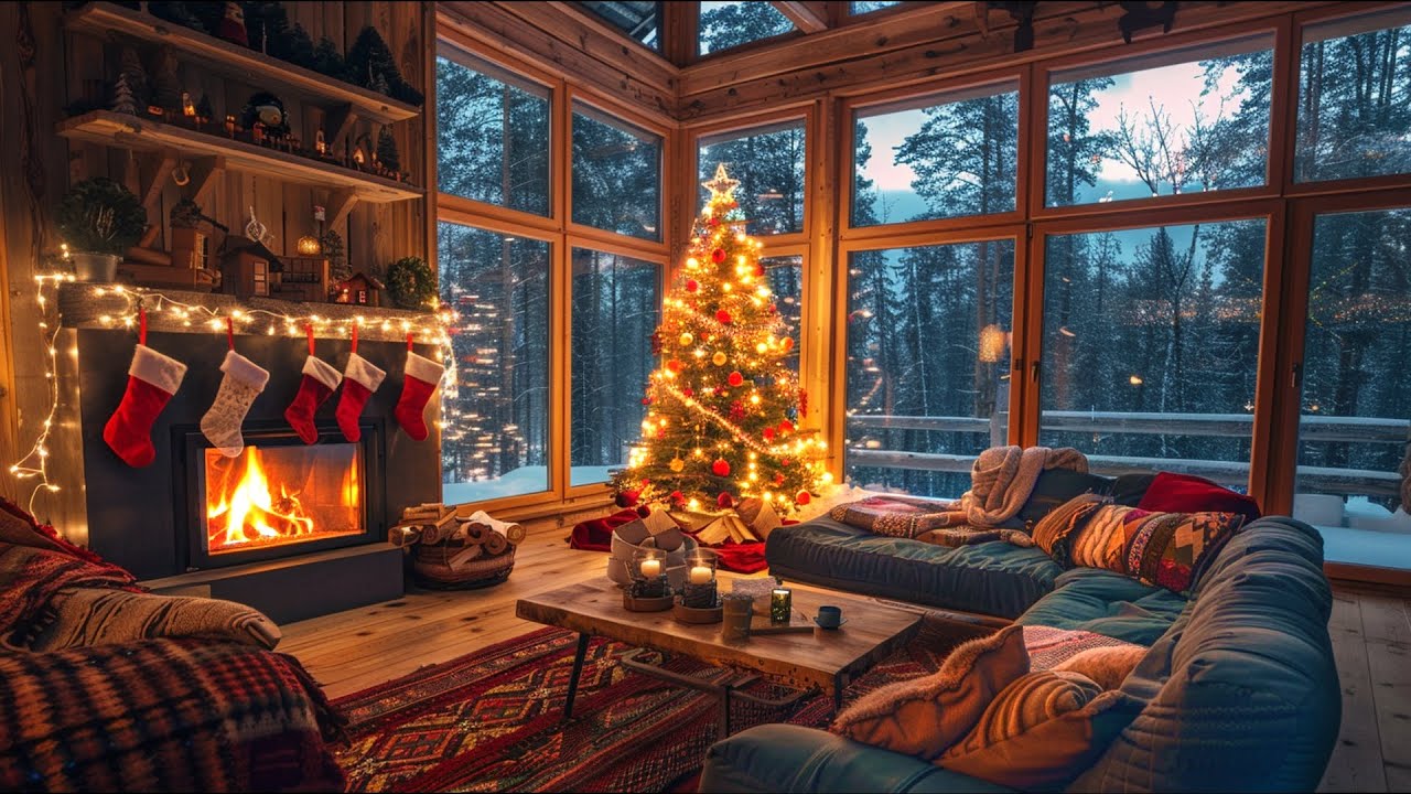 Christmas Cabin Jazz Piano Ambience 🎄✨ Warm Fireplace, Snowy weather for  Focus & Relaxation