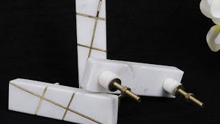 Celebrity Rectangular White Marble Stone & Gold Brass Line Door Handles Cupboard Net Worth
