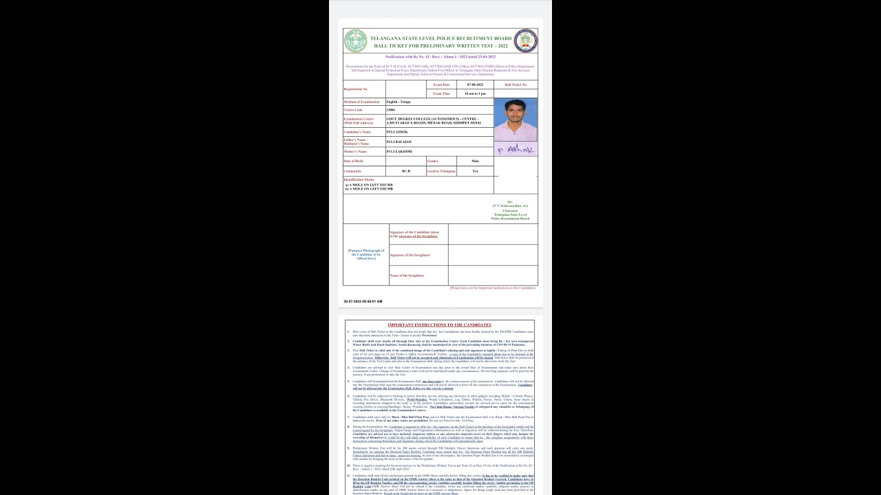 TSLPRB SI Hall Tickets Released 2022 || How to Check TS SI PWT Hall Tickets 2022