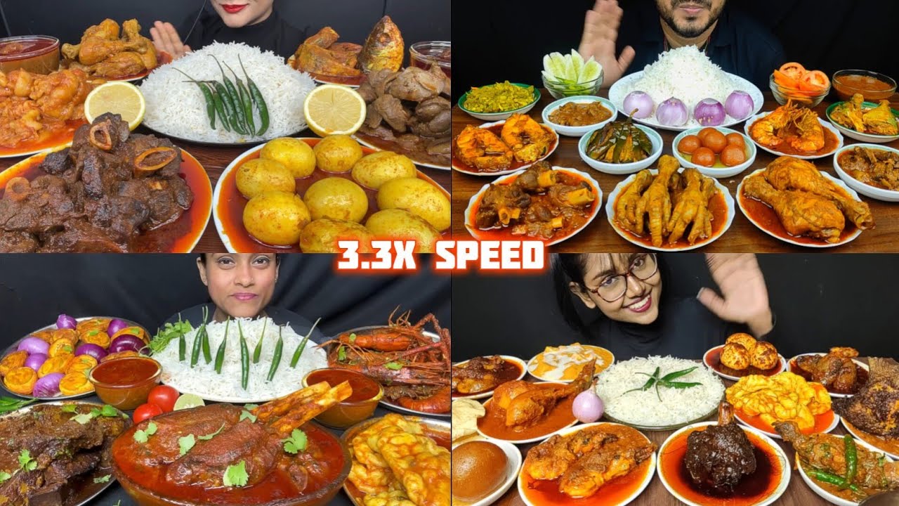 ASMR: Eating Different types of sabji eating challenge😍😋 mutton chicken fish curry with rice Mukbang