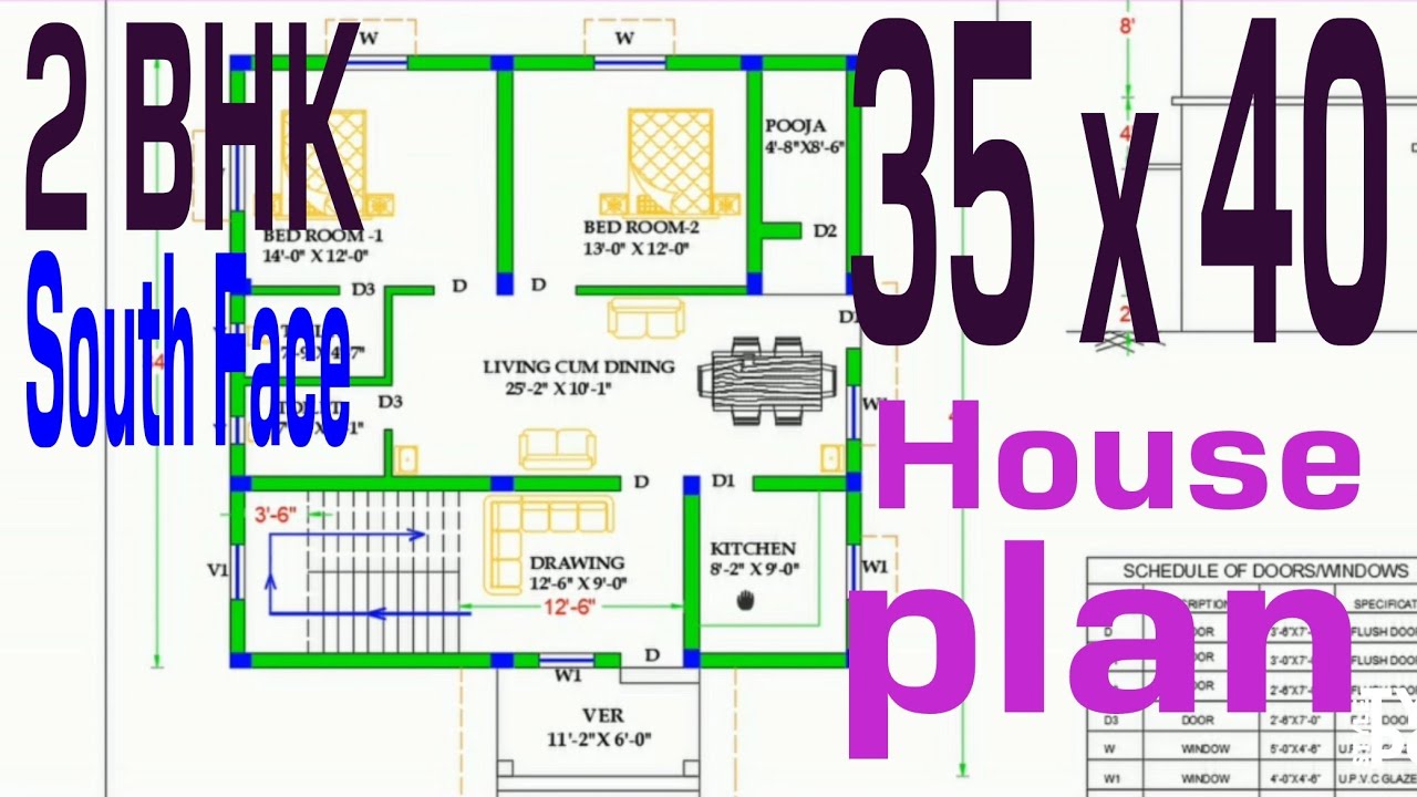 35 x 40 South Face 2 BHK House Plan with Pooja Room &  Staircase