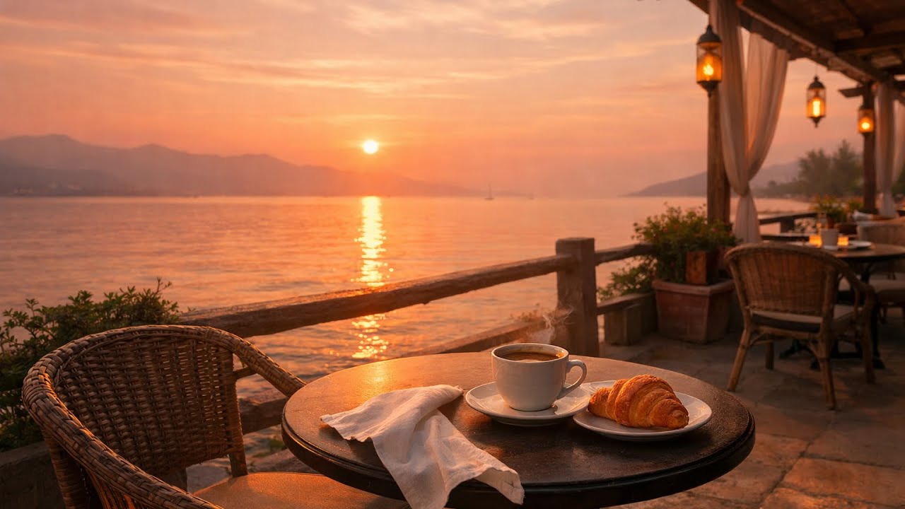 Sunset Ocean Cafe Ambience in 4K | Relaxing Bossa Nova Lounge for Focus & Calm