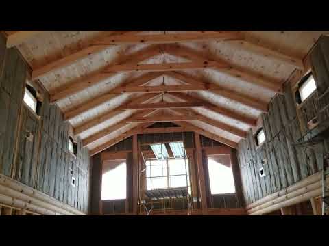 Knotty Pine Ceiling, Decorative Beams and Wall Stiffeners for the Log House