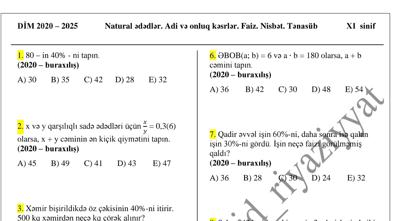 DİM 2020-2025 Natural ədədlər. Adi və onluq kəsrlər. Faiz. Nisbət.  XI sinif  buraxılış sualları
