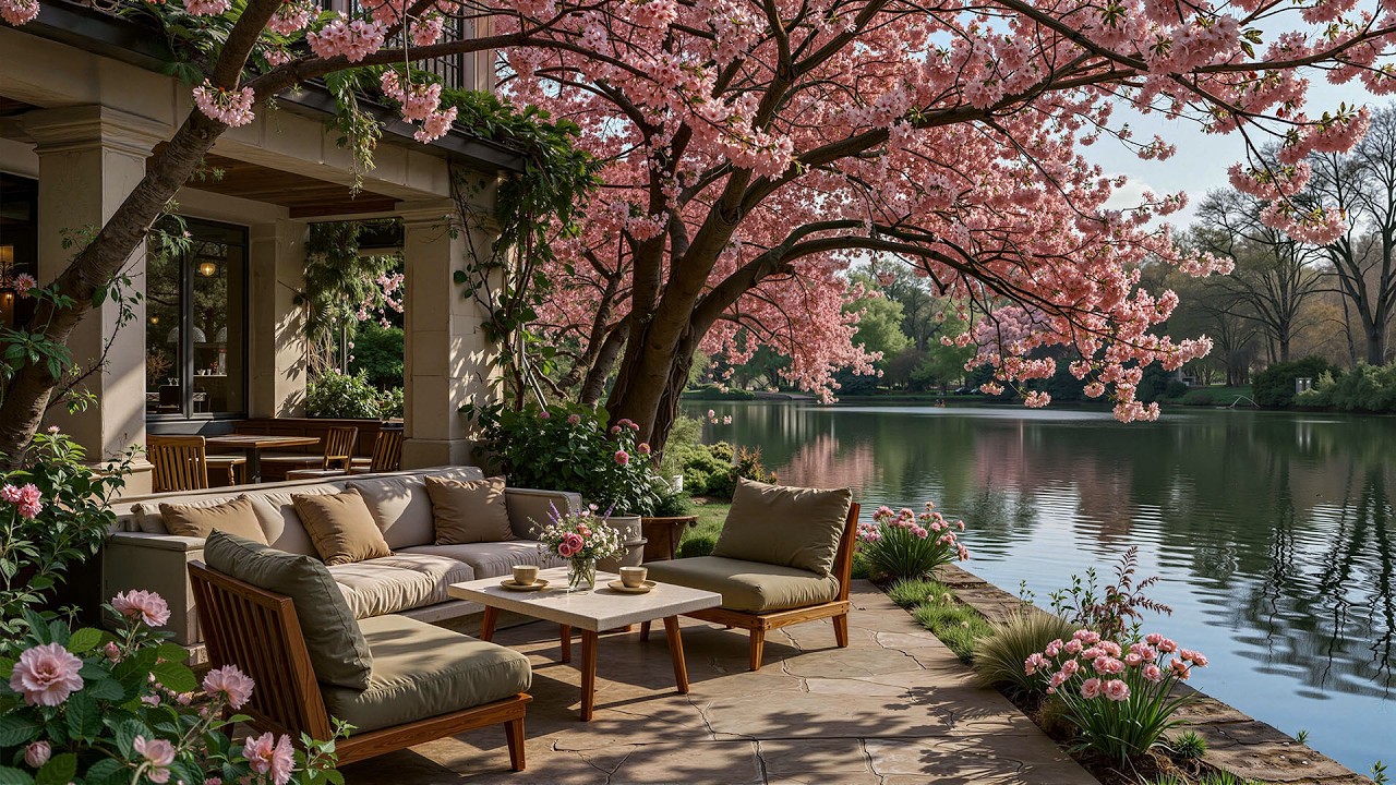 Elegant Jazz Coffee Shop Ambience | Relaxing Jazz Music with Spring Lakeside Atmosphere for Focus
