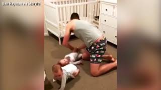 VIDEO: Dad has his hands full getting twin daughters ready for bed