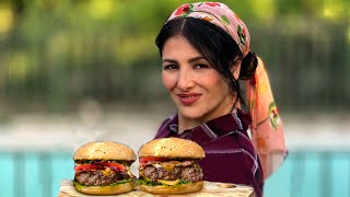 Iranian Girl makes American Cheeseburger🍔Country Girl Cooks Burger😋Slow Routine Life In Iran Village