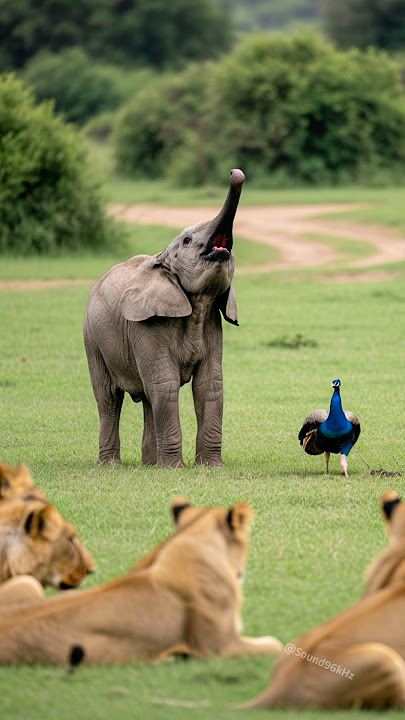 Elephant Sound 🐘 Small Elephant Trumpets LOUD to Protect Peacock from Lions 😳 Peacock Opens Feathers