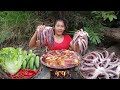 Yummy seafood cooking  big octopus arm curry spicy delicious with salad  adventure solo in jungle