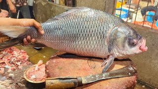 Incredible Giant Black Catla Carp Fish Cutting & Chopping In Bangladesh Local Fish Market