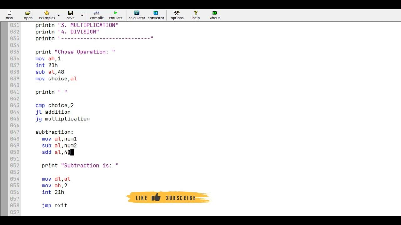 Calculator mini project using Assembly Language | Add, Sub, Mul and Div ...